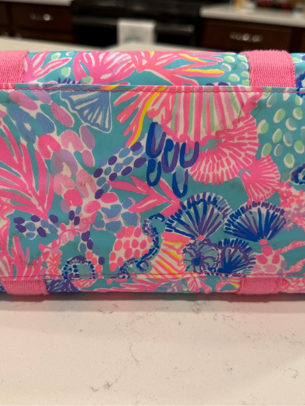 Lilly Pulitzer Pink & Aqua Floral Lunch Tote with Gold Logo - Picture 3 of 7